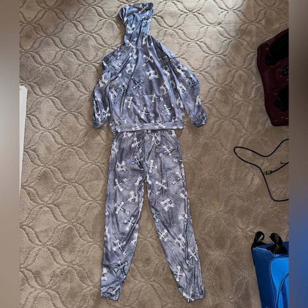 Grey Letter Cross Pattern Pocket Hoodie Straight Leg Pants Matching Set